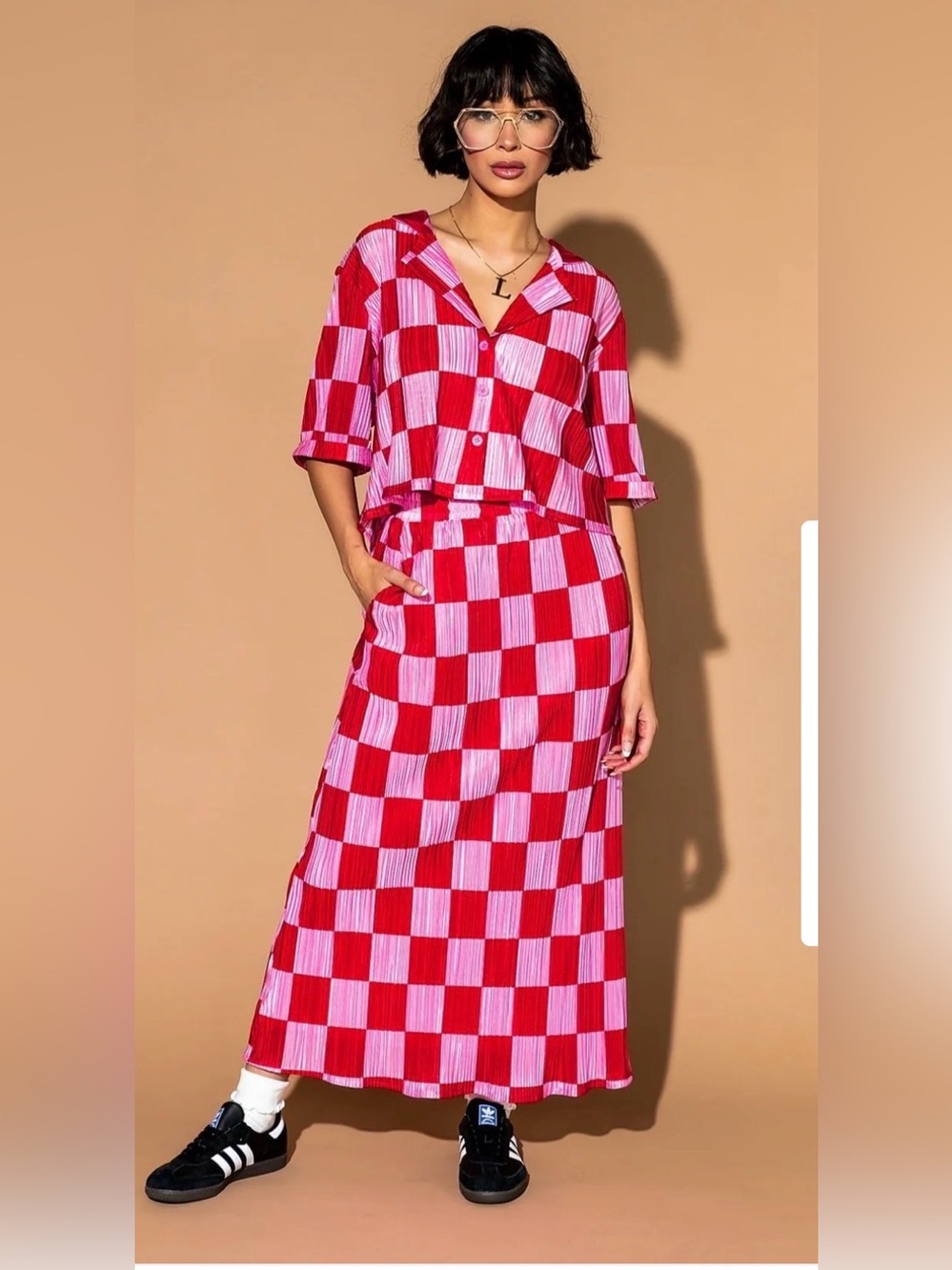 NWT Dressed In Lala C’est la Vie Plissé Skirt Set in Red + Pink